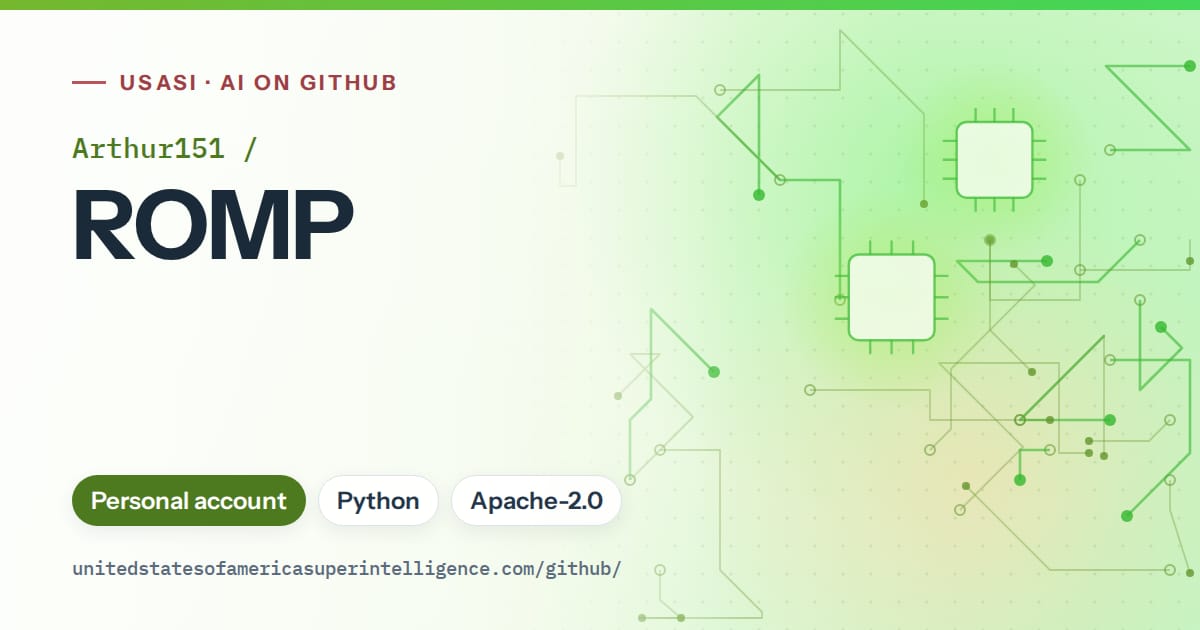 Generated green circuit-trace artwork for Arthur151/ROMP, labeled USASI · AI on GitHub, with Personal account · Python · Apache-2.0.