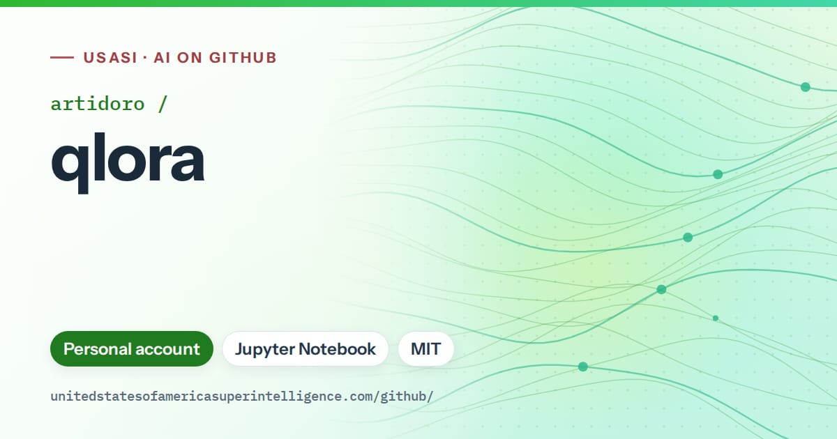 Generated green flowing-wave artwork for artidoro/qlora, labeled USASI · AI on GitHub, with Personal account · Jupyter Notebook · MIT.
