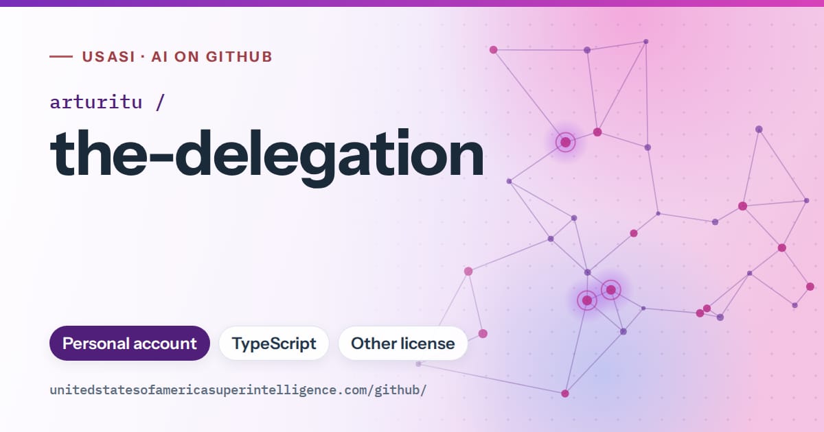 Generated violet constellation network artwork for arturitu/the-delegation, labeled USASI · AI on GitHub, with Personal account · TypeScript · Other license.