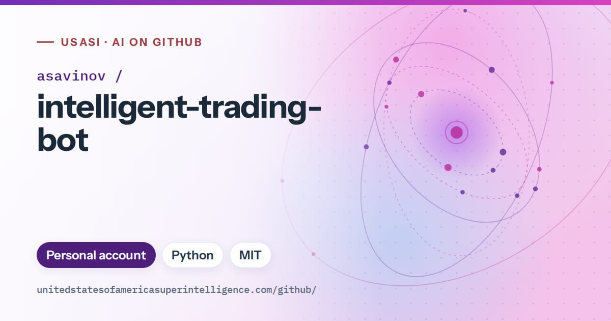 Generated violet orbit artwork for asavinov/intelligent-trading-bot, labeled USASI · AI on GitHub, with Personal account · Python · MIT.