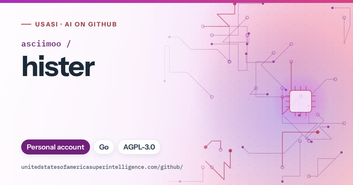 Generated purple circuit-trace artwork for asciimoo/hister, labeled USASI · AI on GitHub, with Personal account · Go · AGPL-3.0.