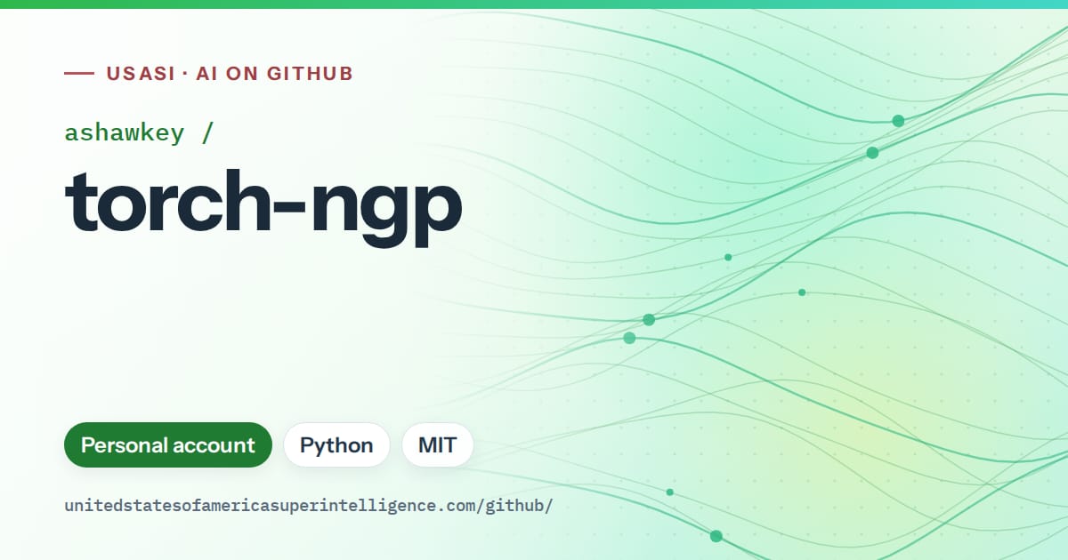 Generated green flowing-wave artwork for ashawkey/torch-ngp, labeled USASI · AI on GitHub, with Personal account · Python · MIT.