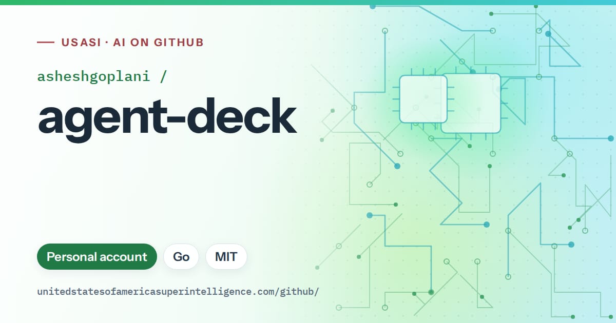 Generated green circuit-trace artwork for asheshgoplani/agent-deck, labeled USASI · AI on GitHub, with Personal account · Go · MIT.