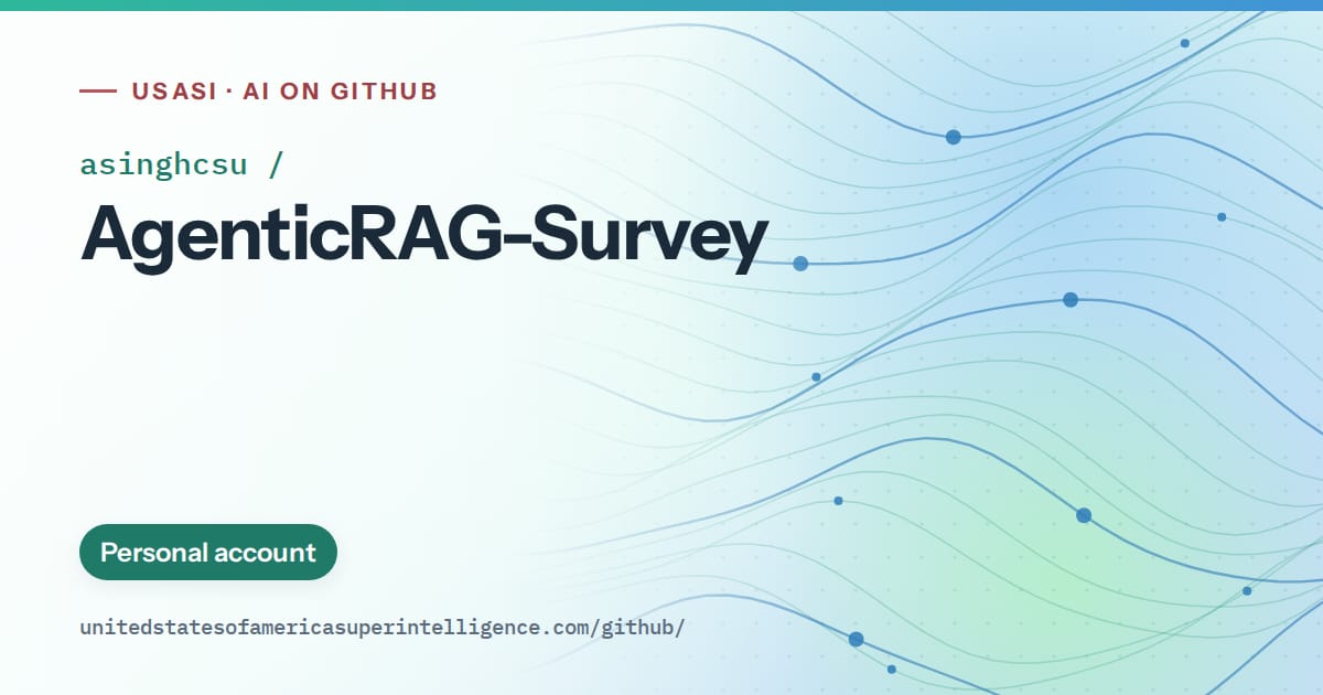Generated teal flowing-wave artwork for asinghcsu/AgenticRAG-Survey, labeled USASI · AI on GitHub, with Personal account.