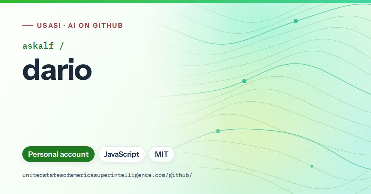 Generated green flowing-wave artwork for askalf/dario, labeled USASI · AI on GitHub, with Personal account · JavaScript · MIT.