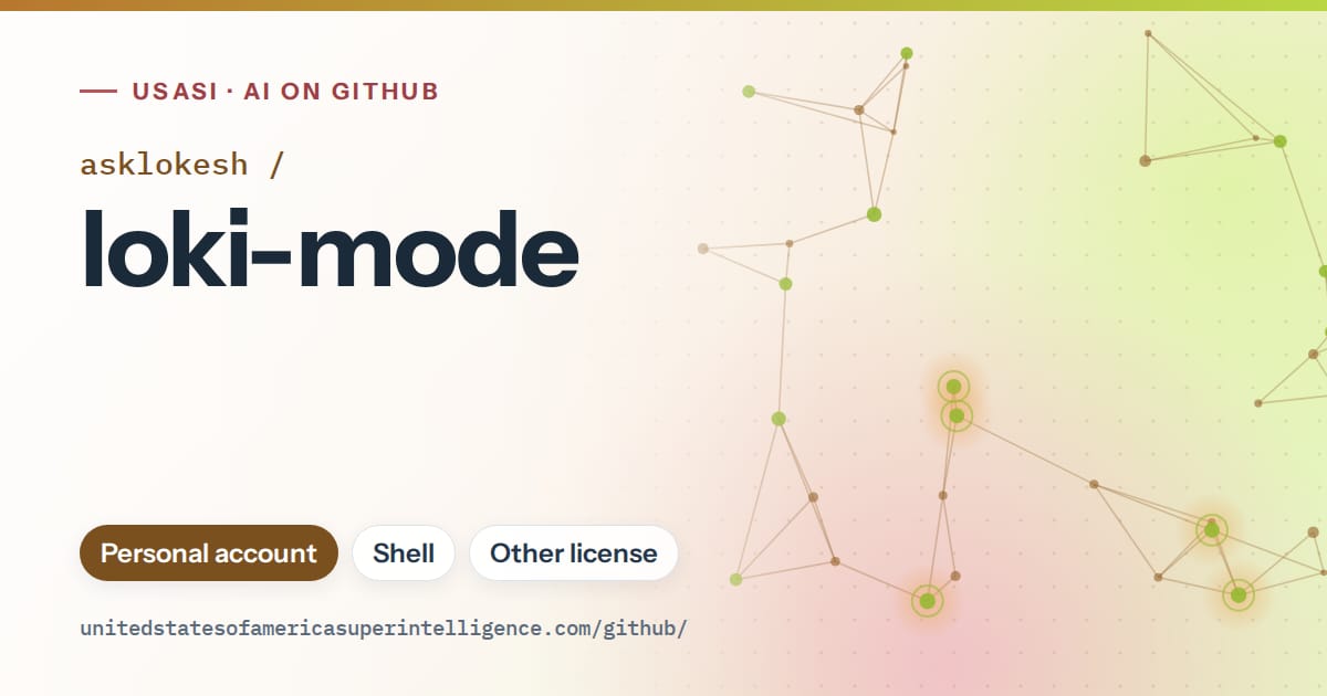 Generated orange constellation network artwork for asklokesh/loki-mode, labeled USASI · AI on GitHub, with Personal account · Shell · Other license.