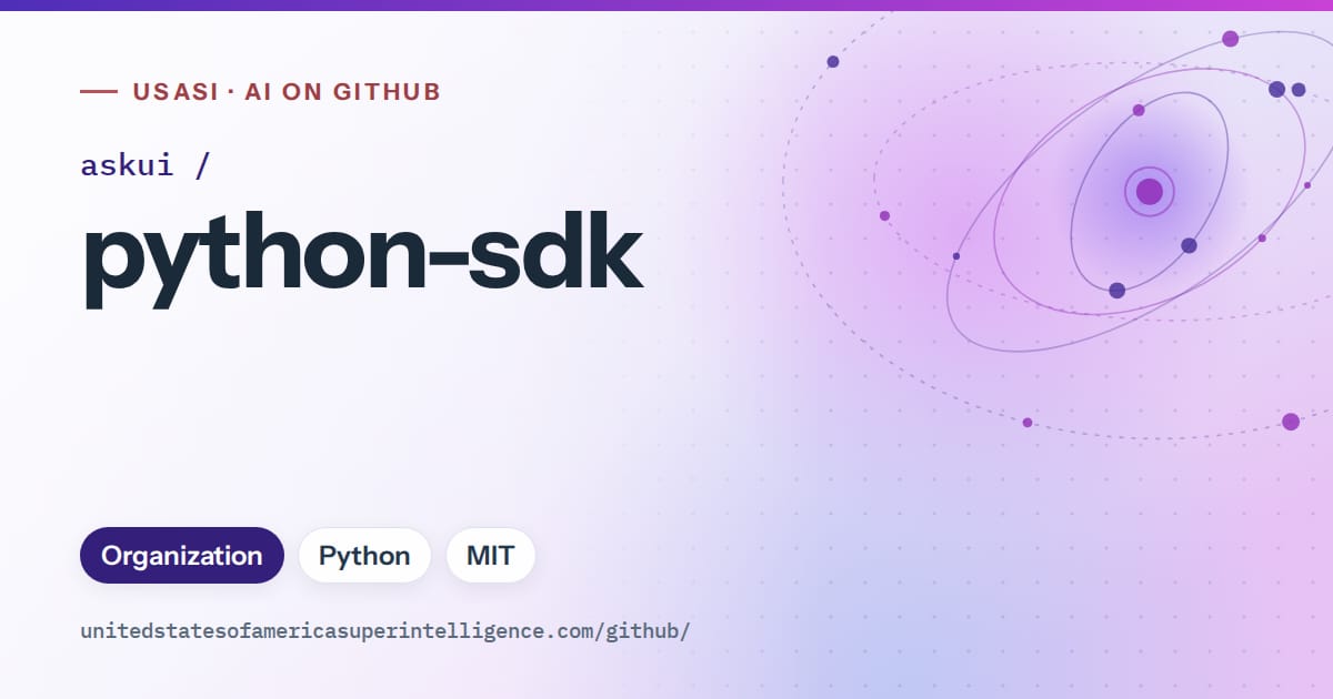 Generated violet orbit artwork for askui/python-sdk, labeled USASI · AI on GitHub, with Organization · Python · MIT.