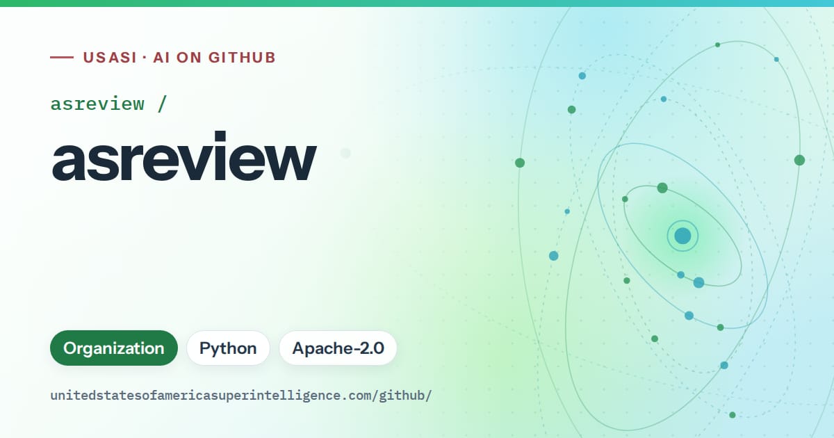 Generated green orbit artwork for asreview/asreview, labeled USASI · AI on GitHub, with Organization · Python · Apache-2.0.