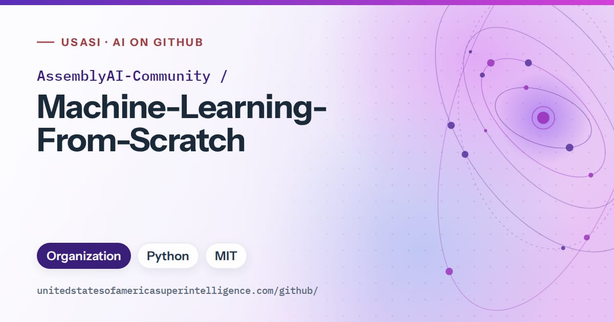 Generated violet orbit artwork for AssemblyAI-Community/Machine-Learning-From-Scratch, labeled USASI · AI on GitHub, with Organization · Python · MIT.