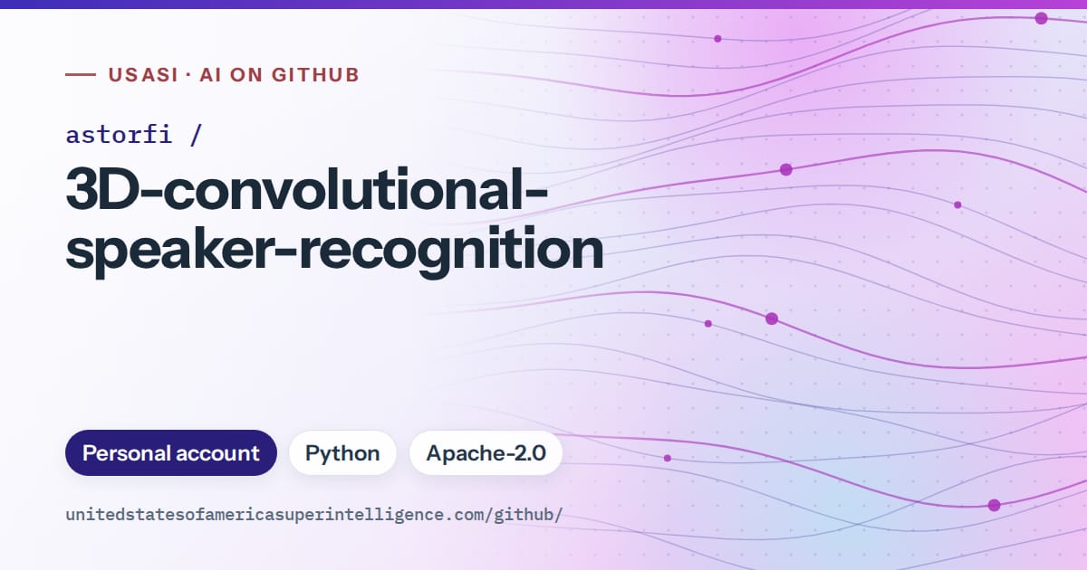 Generated blue flowing-wave artwork for astorfi/3D-convolutional-speaker-recognition, labeled USASI · AI on GitHub, with Personal account · Python · Apache-2.0.