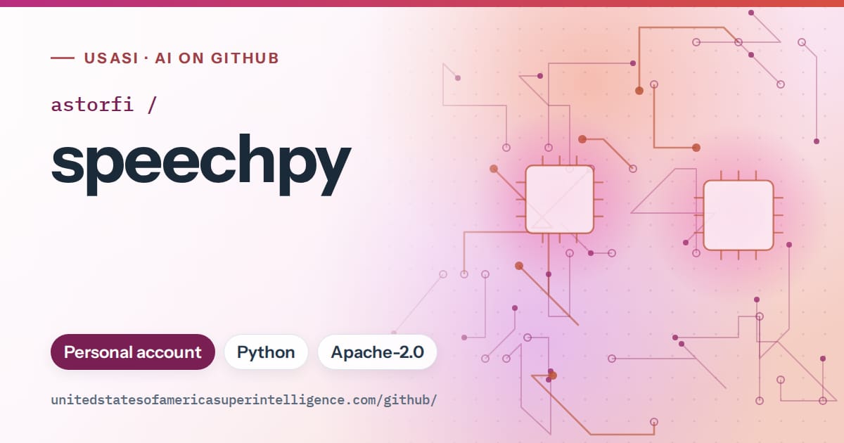 Generated pink circuit-trace artwork for astorfi/speechpy, labeled USASI · AI on GitHub, with Personal account · Python · Apache-2.0.