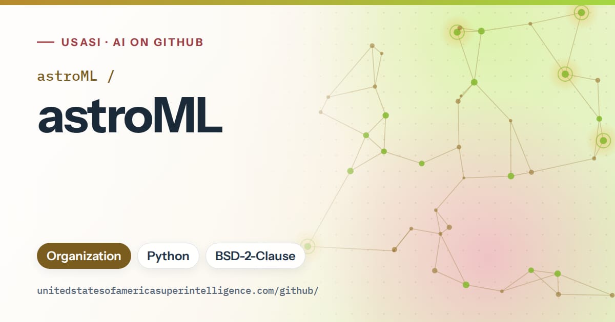 Generated orange constellation network artwork for astroML/astroML, labeled USASI · AI on GitHub, with Organization · Python · BSD-2-Clause.