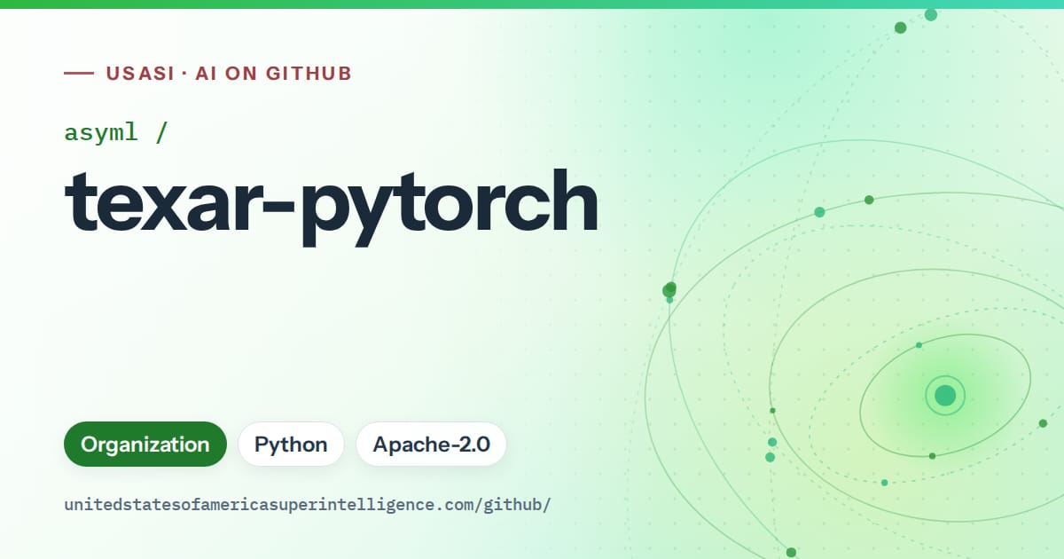 Generated green orbit artwork for asyml/texar-pytorch, labeled USASI · AI on GitHub, with Organization · Python · Apache-2.0.