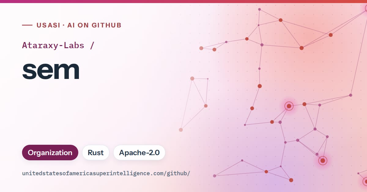 Generated pink constellation network artwork for Ataraxy-Labs/sem, labeled USASI · AI on GitHub, with Organization · Rust · Apache-2.0.