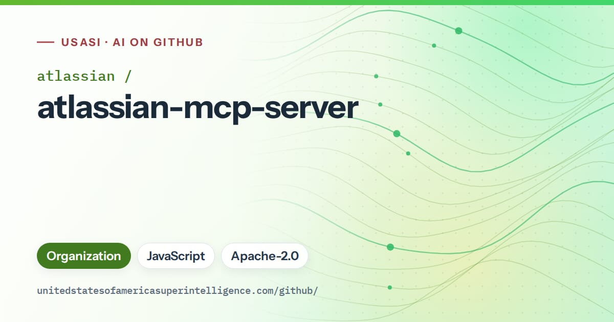 Generated green flowing-wave artwork for atlassian/atlassian-mcp-server, labeled USASI · AI on GitHub, with Organization · JavaScript · Apache-2.0.