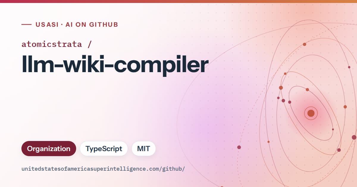 Generated red orbit artwork for atomicstrata/llm-wiki-compiler, labeled USASI · AI on GitHub, with Organization · TypeScript · MIT.