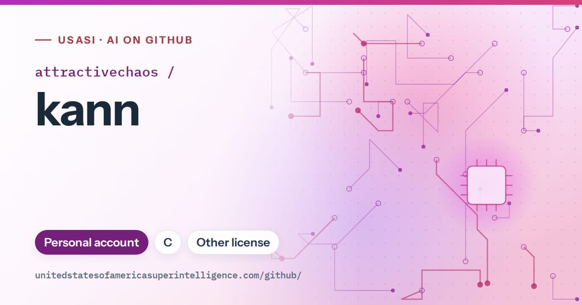 Generated purple circuit-trace artwork for attractivechaos/kann, labeled USASI · AI on GitHub, with Personal account · C · Other license.
