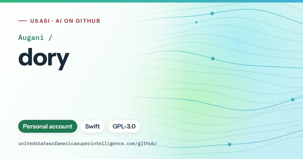 Generated teal flowing-wave artwork for Augani/dory, labeled USASI · AI on GitHub, with Personal account · Swift · GPL-3.0.