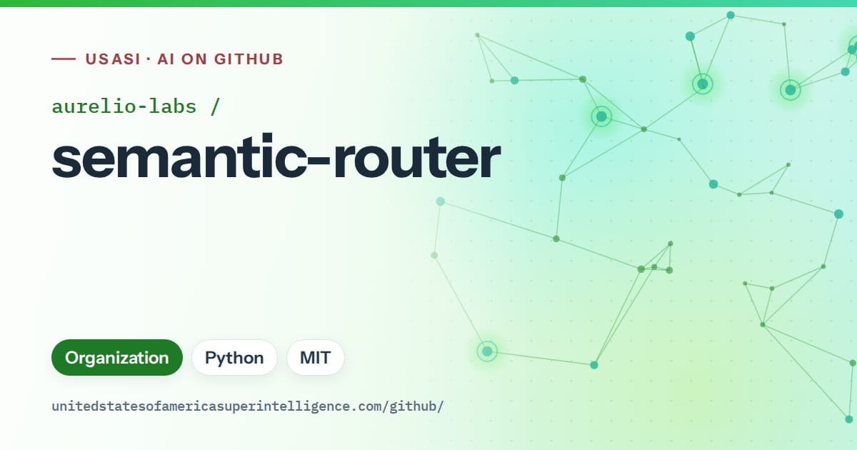 Generated green constellation network artwork for aurelio-labs/semantic-router, labeled USASI · AI on GitHub, with Organization · Python · MIT.