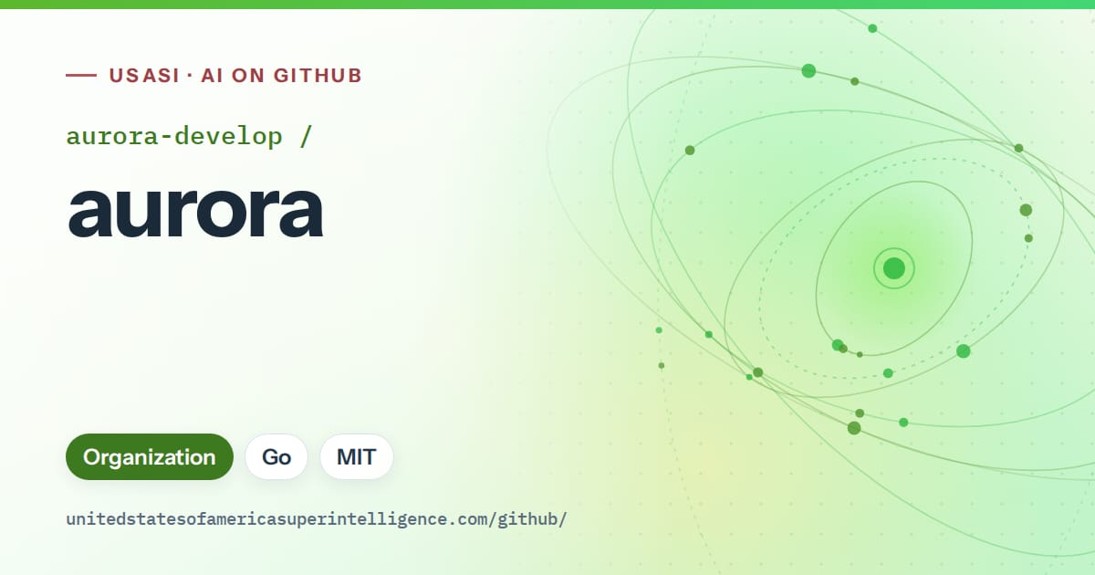 Generated green orbit artwork for aurora-develop/aurora, labeled USASI · AI on GitHub, with Organization · Go · MIT.