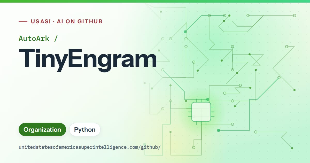 Generated green circuit-trace artwork for AutoArk/TinyEngram, labeled USASI · AI on GitHub, with Organization · Python.