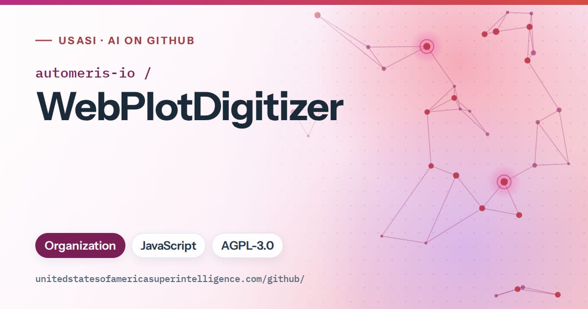 Generated pink constellation network artwork for automeris-io/WebPlotDigitizer, labeled USASI · AI on GitHub, with Organization · JavaScript · AGPL-3.0.