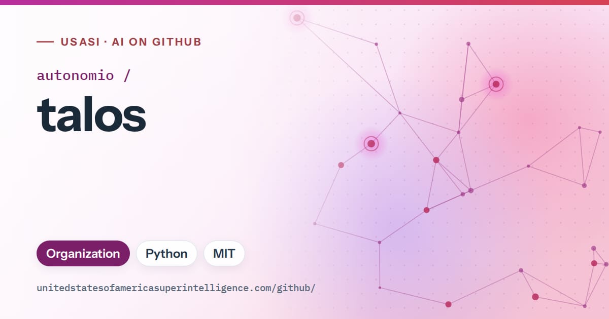 Generated purple constellation network artwork for autonomio/talos, labeled USASI · AI on GitHub, with Organization · Python · MIT.