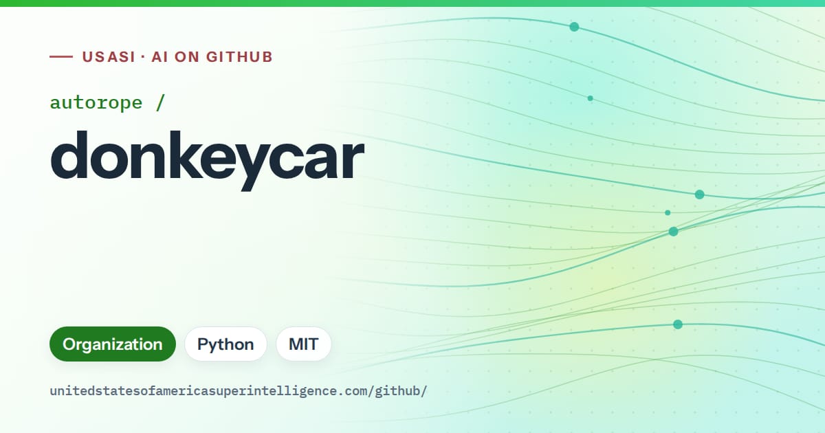 Generated green flowing-wave artwork for autorope/donkeycar, labeled USASI · AI on GitHub, with Organization · Python · MIT.
