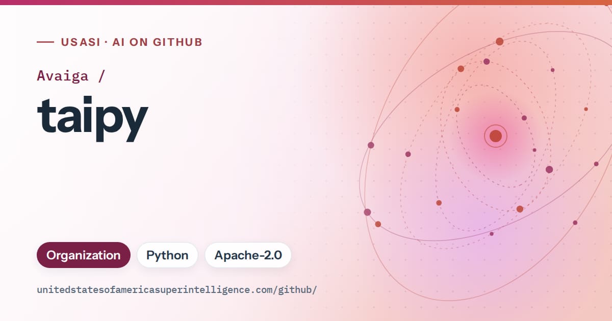 Generated pink orbit artwork for Avaiga/taipy, labeled USASI · AI on GitHub, with Organization · Python · Apache-2.0.