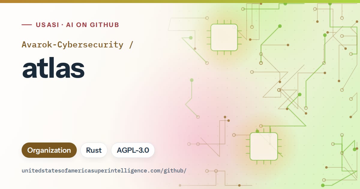 Generated orange circuit-trace artwork for Avarok-Cybersecurity/atlas, labeled USASI · AI on GitHub, with Organization · Rust · AGPL-3.0.