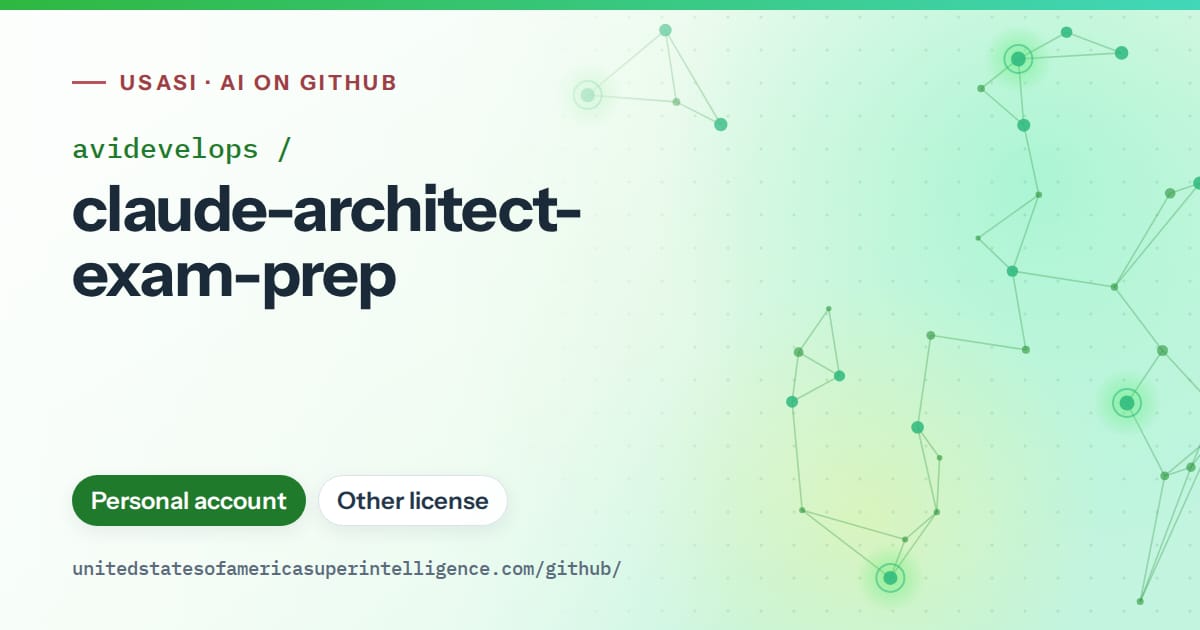 Generated green constellation network artwork for avidevelops/claude-architect-exam-prep, labeled USASI · AI on GitHub, with Personal account · Other license.