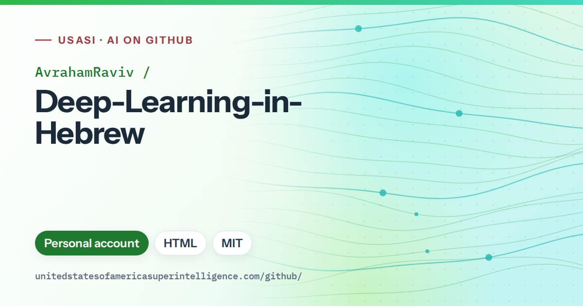 Generated green flowing-wave artwork for AvrahamRaviv/Deep-Learning-in-Hebrew, labeled USASI · AI on GitHub, with Personal account · HTML · MIT.