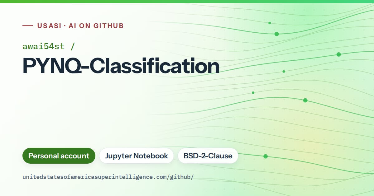 Generated green flowing-wave artwork for awai54st/PYNQ-Classification, labeled USASI · AI on GitHub, with Personal account · Jupyter Notebook · BSD-2-Clause.