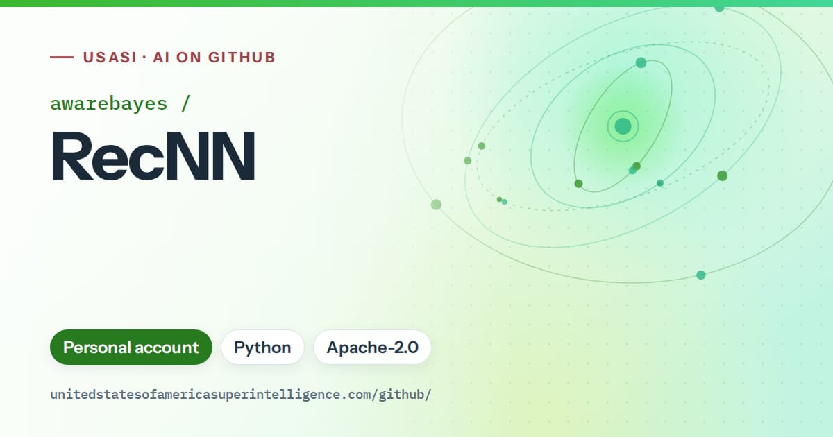 Generated green orbit artwork for awarebayes/RecNN, labeled USASI · AI on GitHub, with Personal account · Python · Apache-2.0.