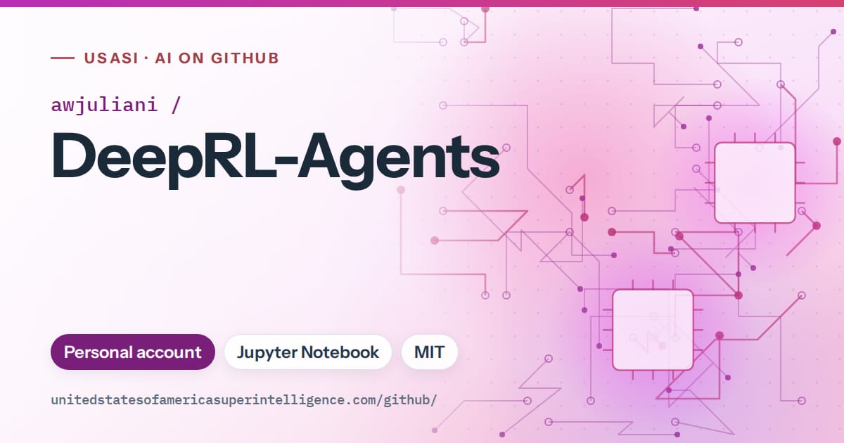 Generated purple circuit-trace artwork for awjuliani/DeepRL-Agents, labeled USASI · AI on GitHub, with Personal account · Jupyter Notebook · MIT.