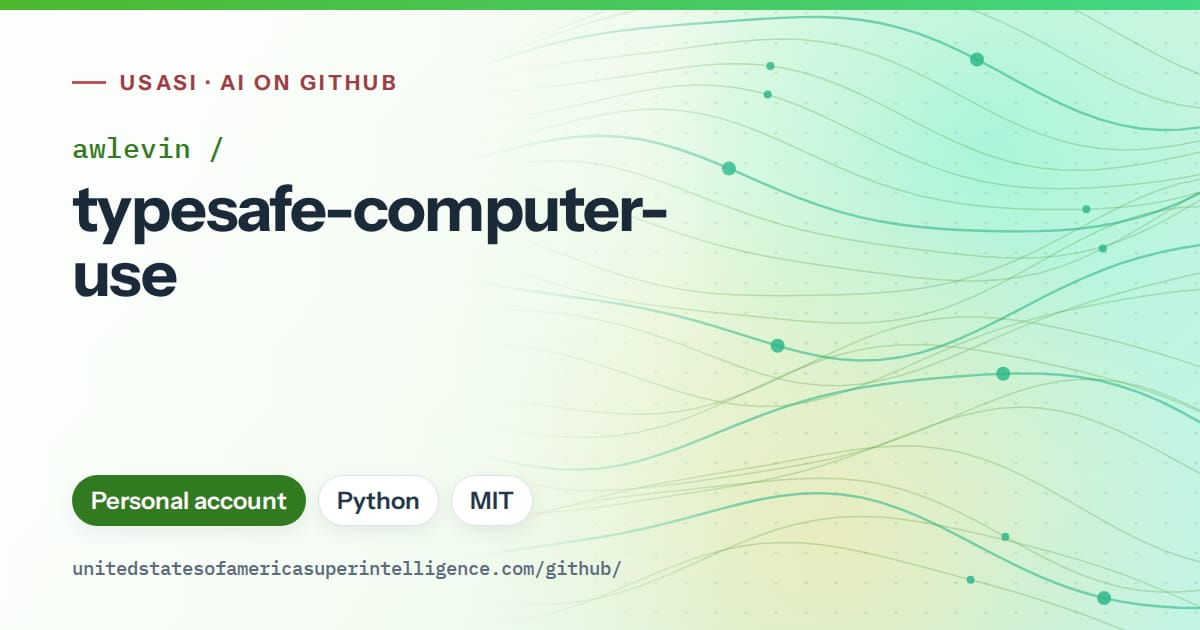 Generated green flowing-wave artwork for awlevin/typesafe-computer-use, labeled USASI · AI on GitHub, with Personal account · Python · MIT.