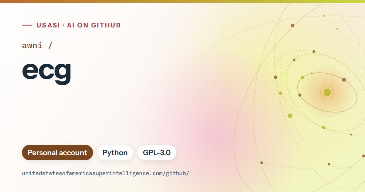 Generated orange orbit artwork for awni/ecg, labeled USASI · AI on GitHub, with Personal account · Python · GPL-3.0.