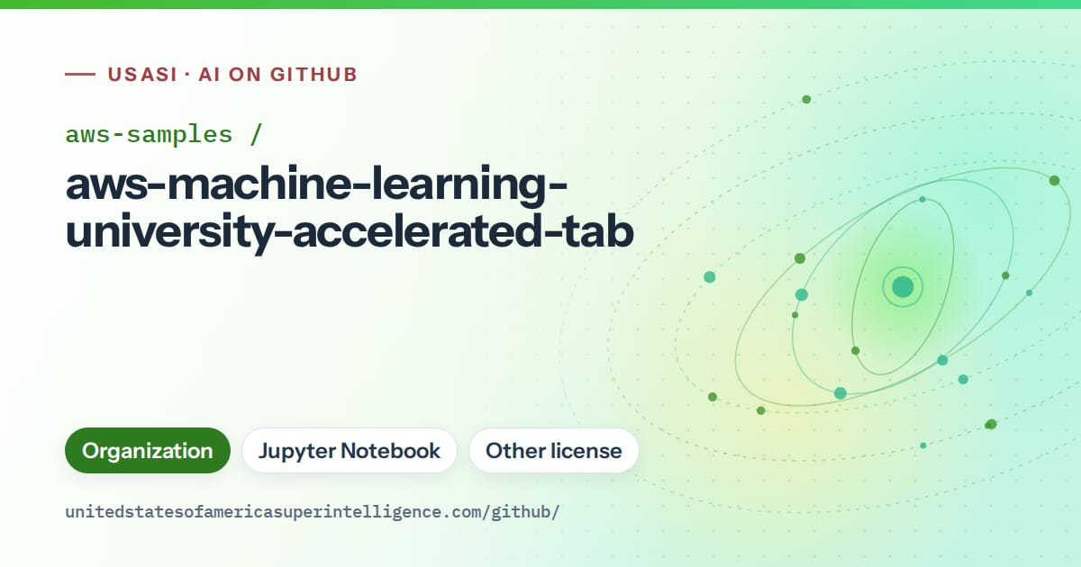 Generated green orbit artwork for aws-samples/aws-machine-learning-university-accelerated-tab, labeled USASI · AI on GitHub, with Organization · Jupyter Notebook · Other license.