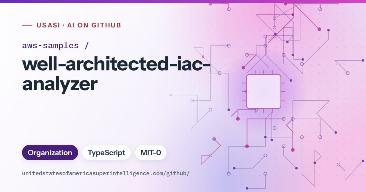Generated violet circuit-trace artwork for aws-samples/well-architected-iac-analyzer, labeled USASI · AI on GitHub, with Organization · TypeScript · MIT-0.