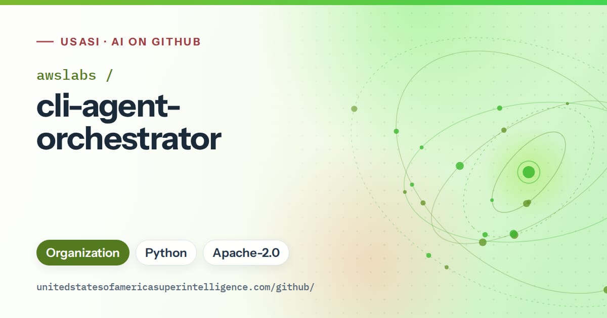 Generated green orbit artwork for awslabs/cli-agent-orchestrator, labeled USASI · AI on GitHub, with Organization · Python · Apache-2.0.