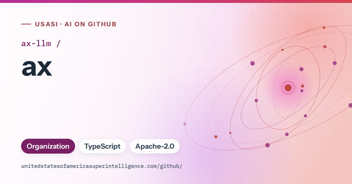 Generated purple orbit artwork for ax-llm/ax, labeled USASI · AI on GitHub, with Organization · TypeScript · Apache-2.0.