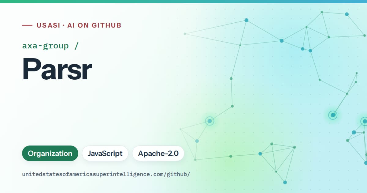 Generated teal constellation network artwork for axa-group/Parsr, labeled USASI · AI on GitHub, with Organization · JavaScript · Apache-2.0.
