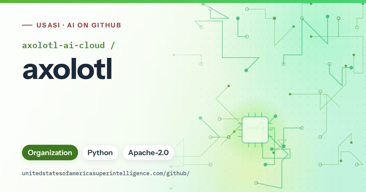 Generated green circuit-trace artwork for axolotl-ai-cloud/axolotl, labeled USASI · AI on GitHub, with Organization · Python · Apache-2.0.