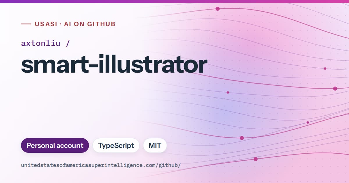 Generated violet flowing-wave artwork for axtonliu/smart-illustrator, labeled USASI · AI on GitHub, with Personal account · TypeScript · MIT.