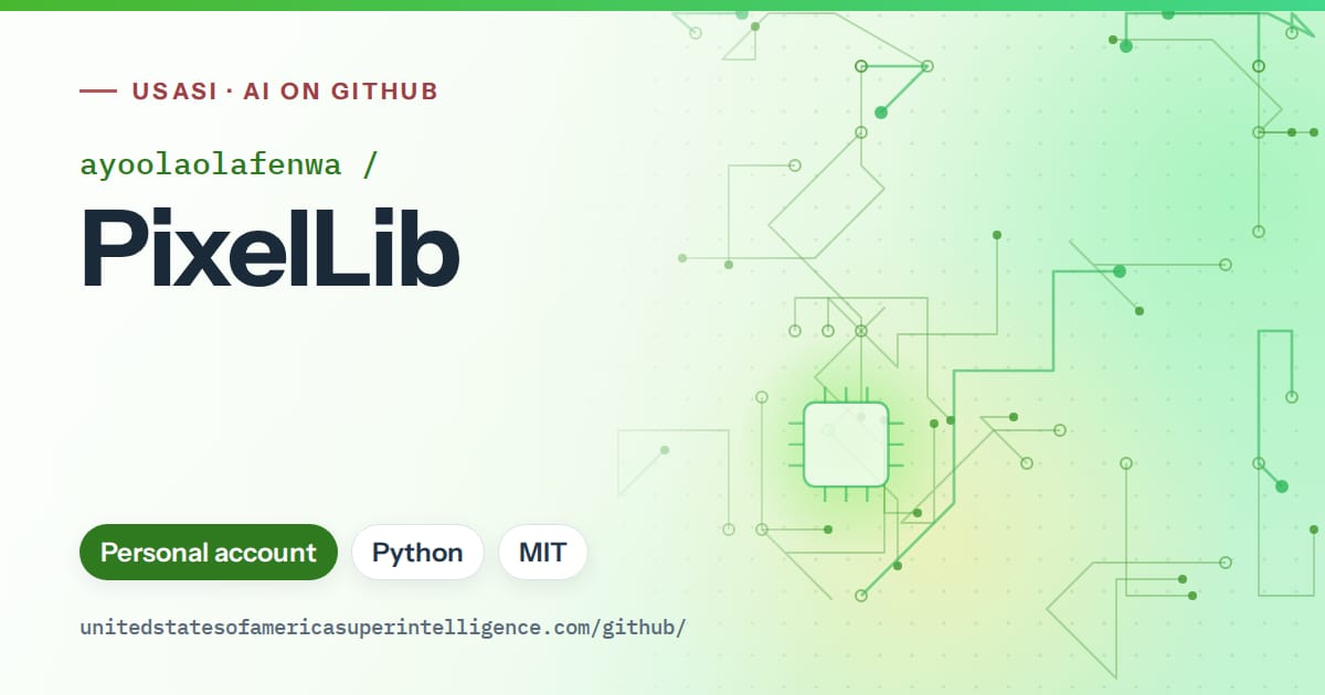 Generated green circuit-trace artwork for ayoolaolafenwa/PixelLib, labeled USASI · AI on GitHub, with Personal account · Python · MIT.