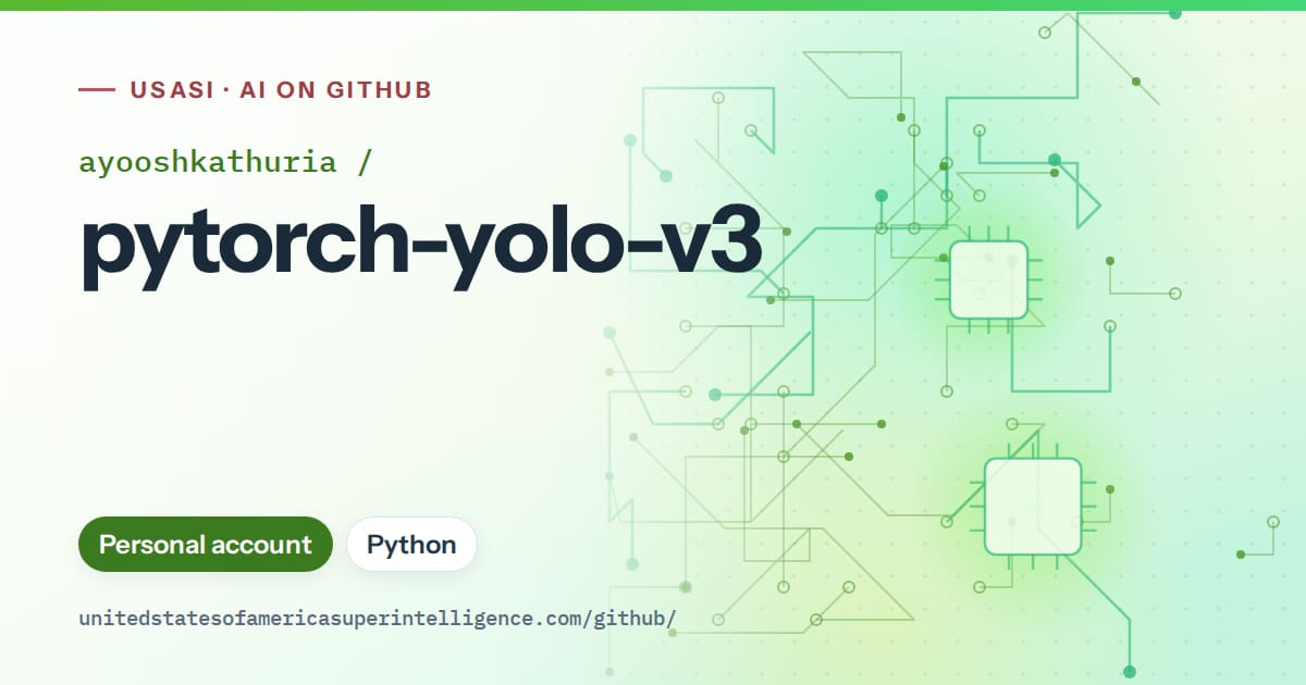 Generated green circuit-trace artwork for ayooshkathuria/pytorch-yolo-v3, labeled USASI · AI on GitHub, with Personal account · Python.