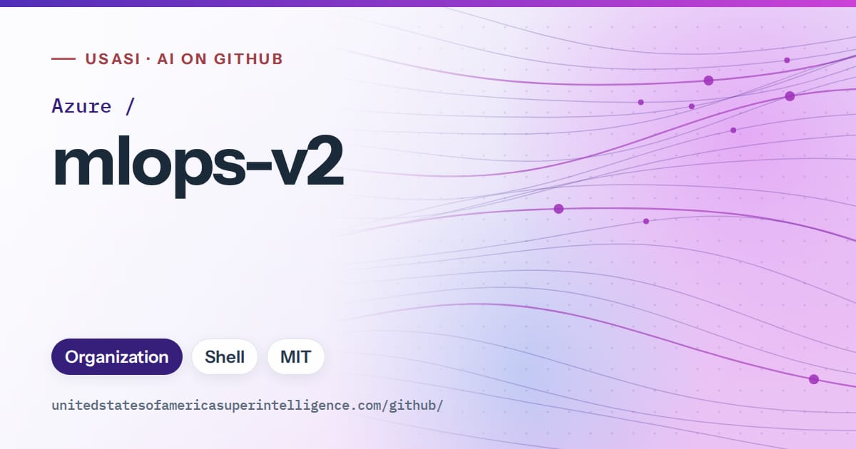 Generated violet flowing-wave artwork for Azure/mlops-v2, labeled USASI · AI on GitHub, with Organization · Shell · MIT.