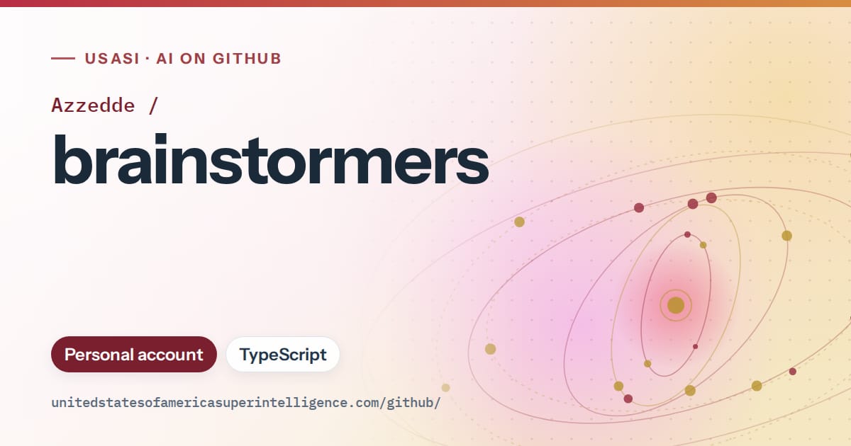 Generated red orbit artwork for Azzedde/brainstormers, labeled USASI · AI on GitHub, with Personal account · TypeScript.