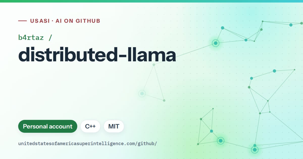 Generated green constellation network artwork for b4rtaz/distributed-llama, labeled USASI · AI on GitHub, with Personal account · C++ · MIT.