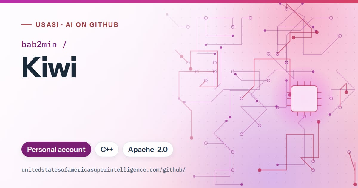 Generated purple circuit-trace artwork for bab2min/Kiwi, labeled USASI · AI on GitHub, with Personal account · C++ · Apache-2.0.
